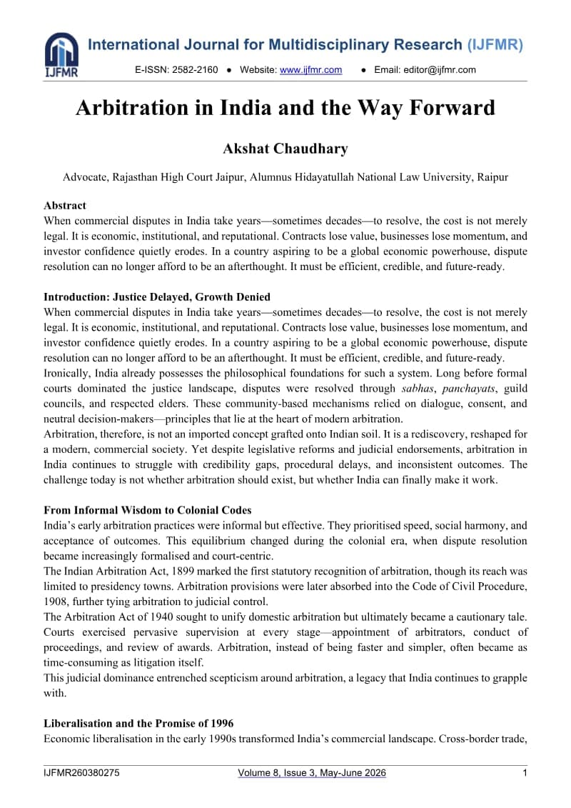 Cover of Arbitration in India and the Way Forward