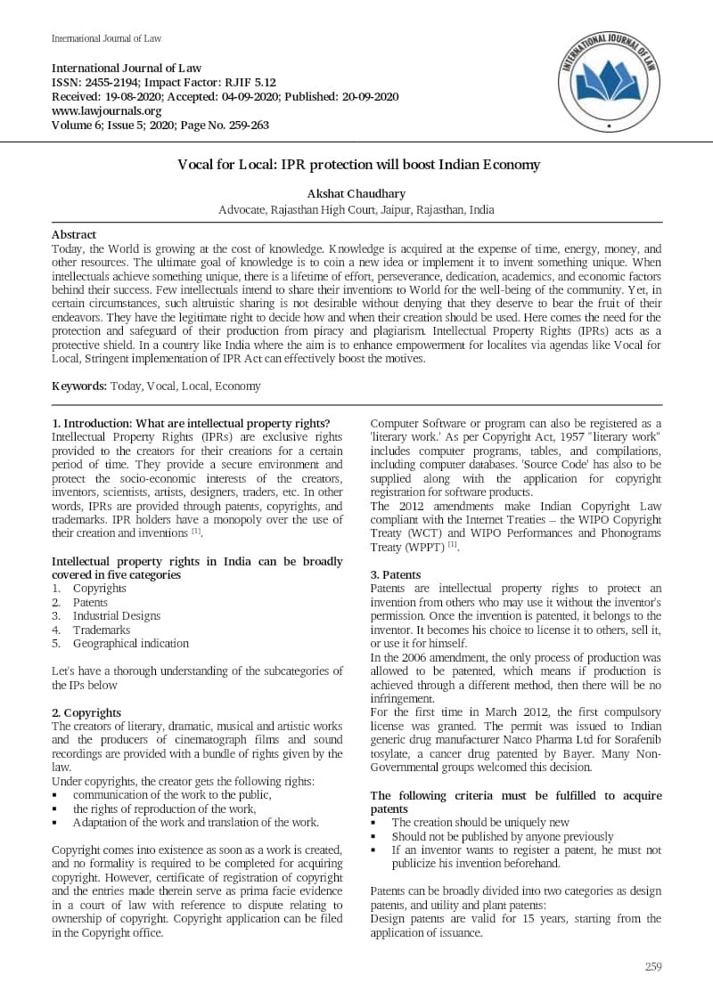 Cover of Vocal for Local: IPR Protection Will Boost the Indian Economy
